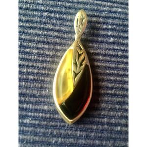 Amber silver pendant filigree sterling teardrop